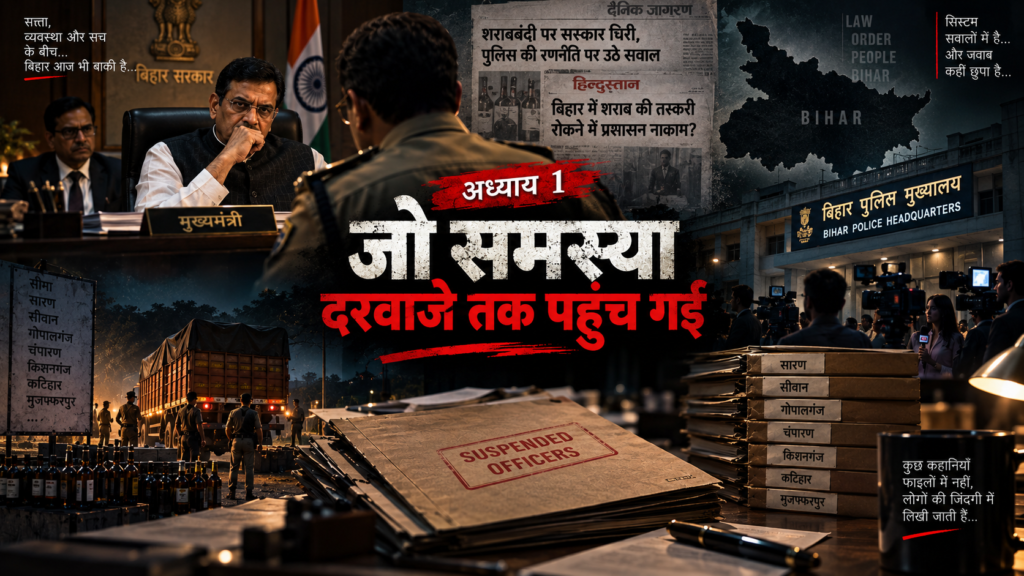 बिहार क्राइम स्टोरी अध्याय 1 का कवर, जिसमें मुख्यमंत्री, पुलिस मुख्यालय और सस्पेंडेड अधिकारियों की फाइल दिखाई गई है