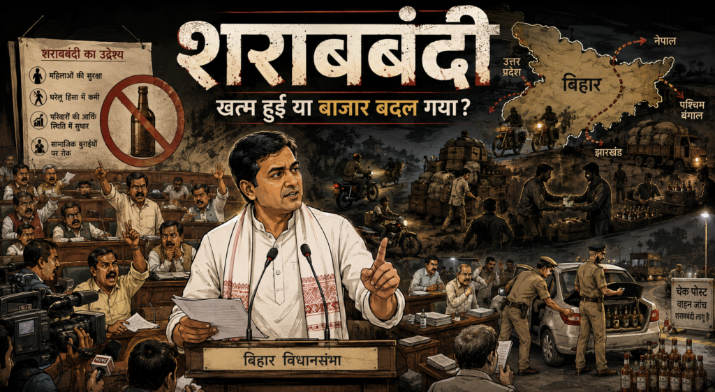 बिहार में शराबबंदी पर विधानसभा बहस, पुलिस चेकपोस्ट और अवैध शराब के बाजार को दर्शाता कार्टून चित्र